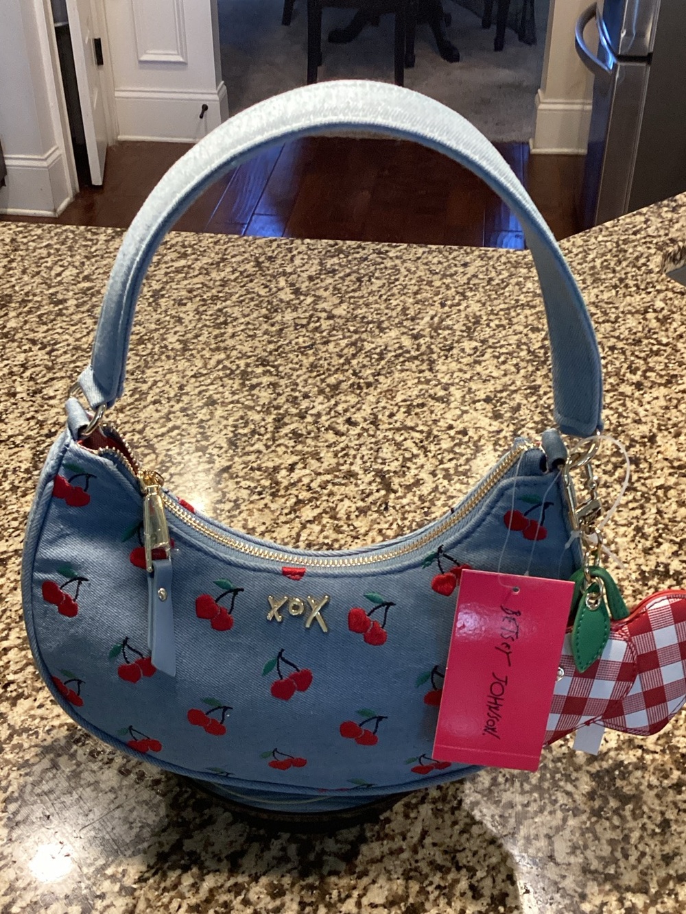 Betsey Johnson Light Blue Denim Cherry Embroidered Mini Shoulder Bag - Picture 2 of 5